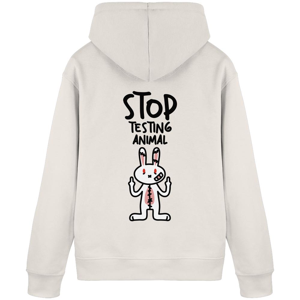 Vegan und Bio Hoodie: Angry Rabbit - Animal Rights zeigt wütenden Cartoon-Hasen mit erhobenen Mittelfingern und Slogan „STOP TESTING ANIMAL“, betont Antitierversuchs-Message.