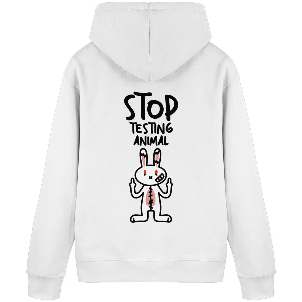 Weiße Kapuzenpullover-Rückseite mit Protestgrafik STOP TESTING ANIMAL, wütendem Cartoon-Hasen mit Mittelfingern. Produkt: Vegan und Bio Hoodie: Angry Rabbit - Animal Rights.