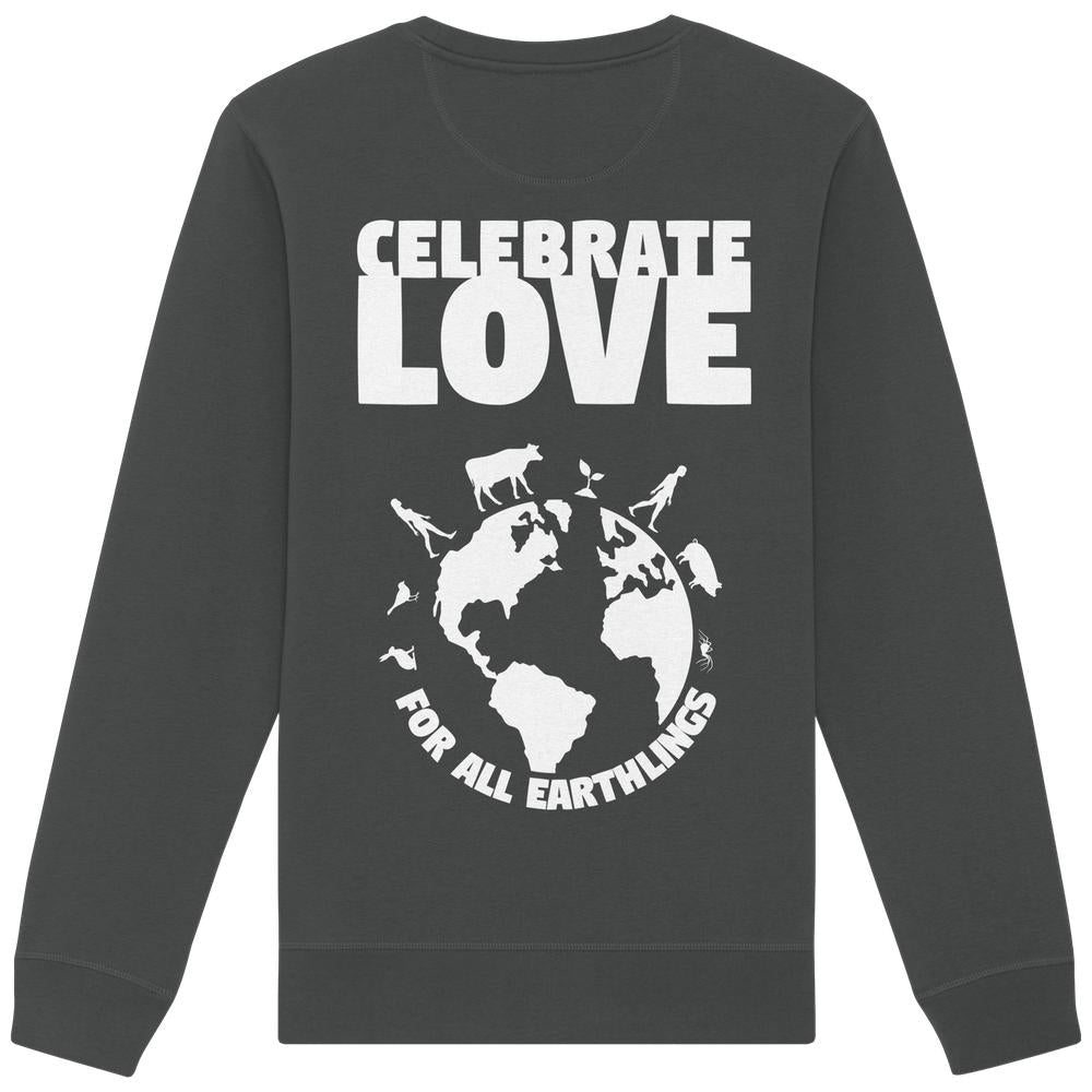 Vegan und Bio Unisex Sweatshirt: Celebrate Love For All Earthlings – dunkelgrau mit weißem Slogan, Globus und Silhouetten von Menschen, Tieren, Pflanzen; symbolisiert Liebe und Gleichheit.