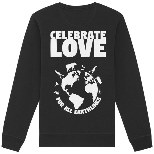 Vegan und Bio Unisex Sweatshirt: Celebrate Love For All Earthlings mit Globus-Design und Tieren, zelebriert Veganismus, Naturschutz und Gleichheit. Baumwolle-Polyester-Mix, normale Passform.
