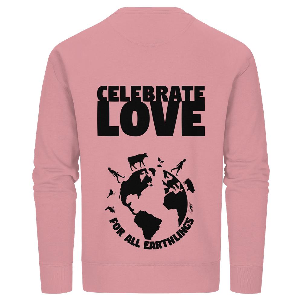 Rückseite des Vegan und Bio Unisex Sweatshirts Celebrate Love For All Earthlings, zeigt CELEBRATE LOVE, Erdkugel mit Tieren und Slogan FOR ALL EARTHLINGS.