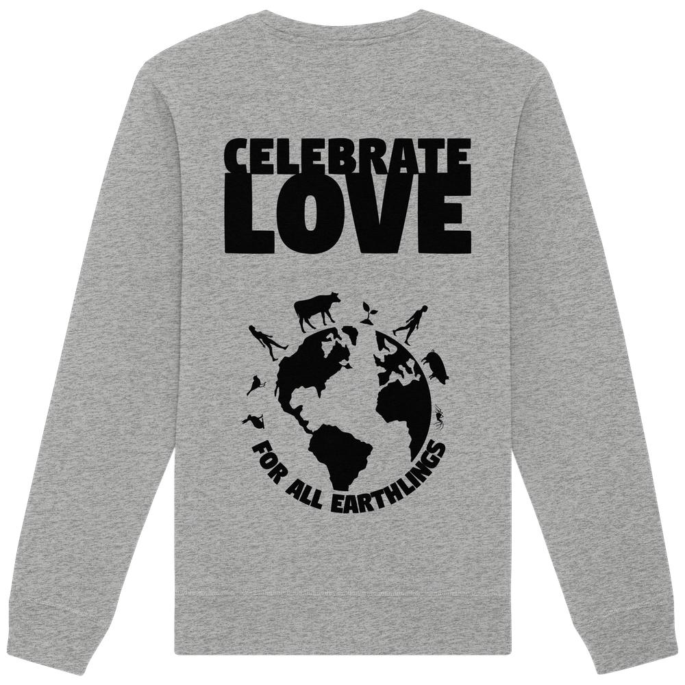 Vegan und Bio Unisex Sweatshirt: Celebrate Love For All Earthlings, graues Langarmshirt mit CELEBRATE LOVE und Erdsilhouette, umgeben von Menschen, Tieren, Pflanze.