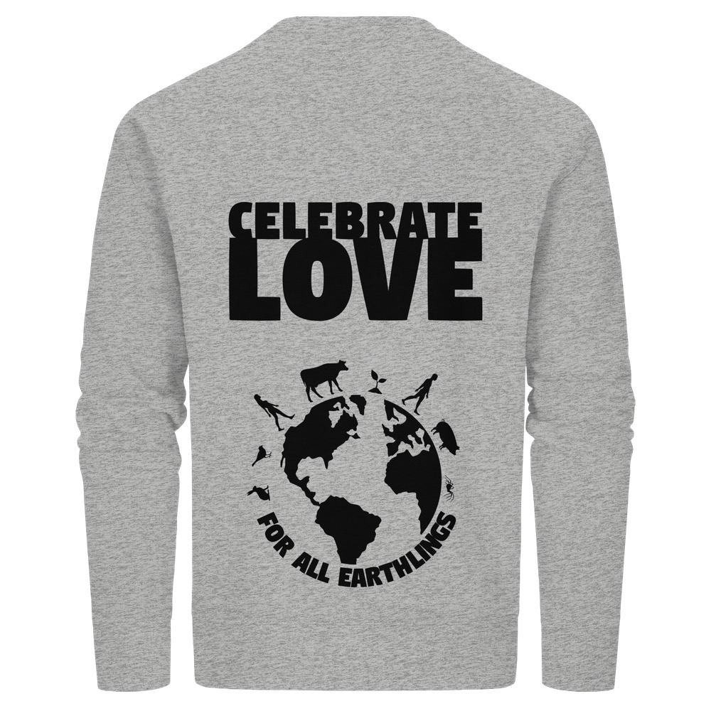 Rückseite eines grauen Langarmshirts mit CELEBRATE LOVE und FOR ALL EARTHLINGS-Slogan über einem gestalteten Globus, umringt von Silhouetten. Vegan und Bio Unisex Sweatshirt: Celebrate Love For All Earthlings.