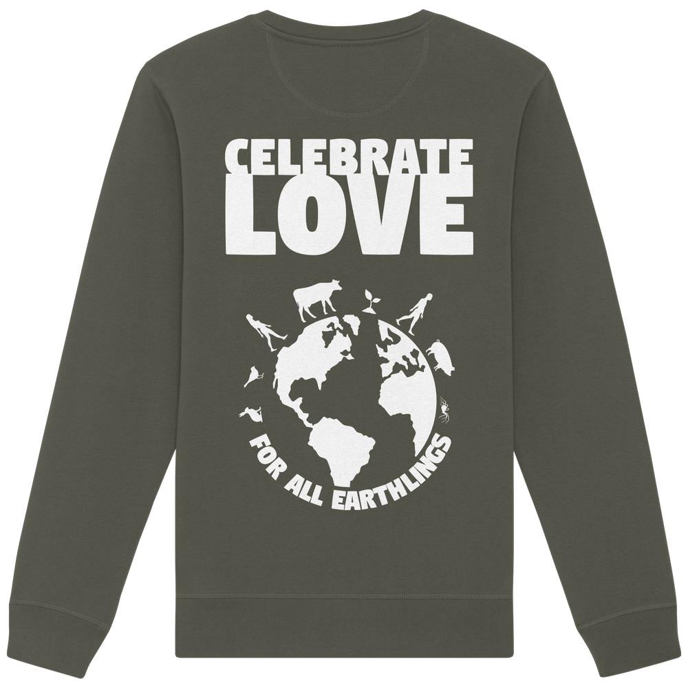 Vegan und Bio Unisex Sweatshirt: Celebrate Love For All Earthlings, mit weißem Print von Erde, Silhouetten und Spruch, symbolisiert Veganismus und Gleichheit. Nachhaltige Materialien.