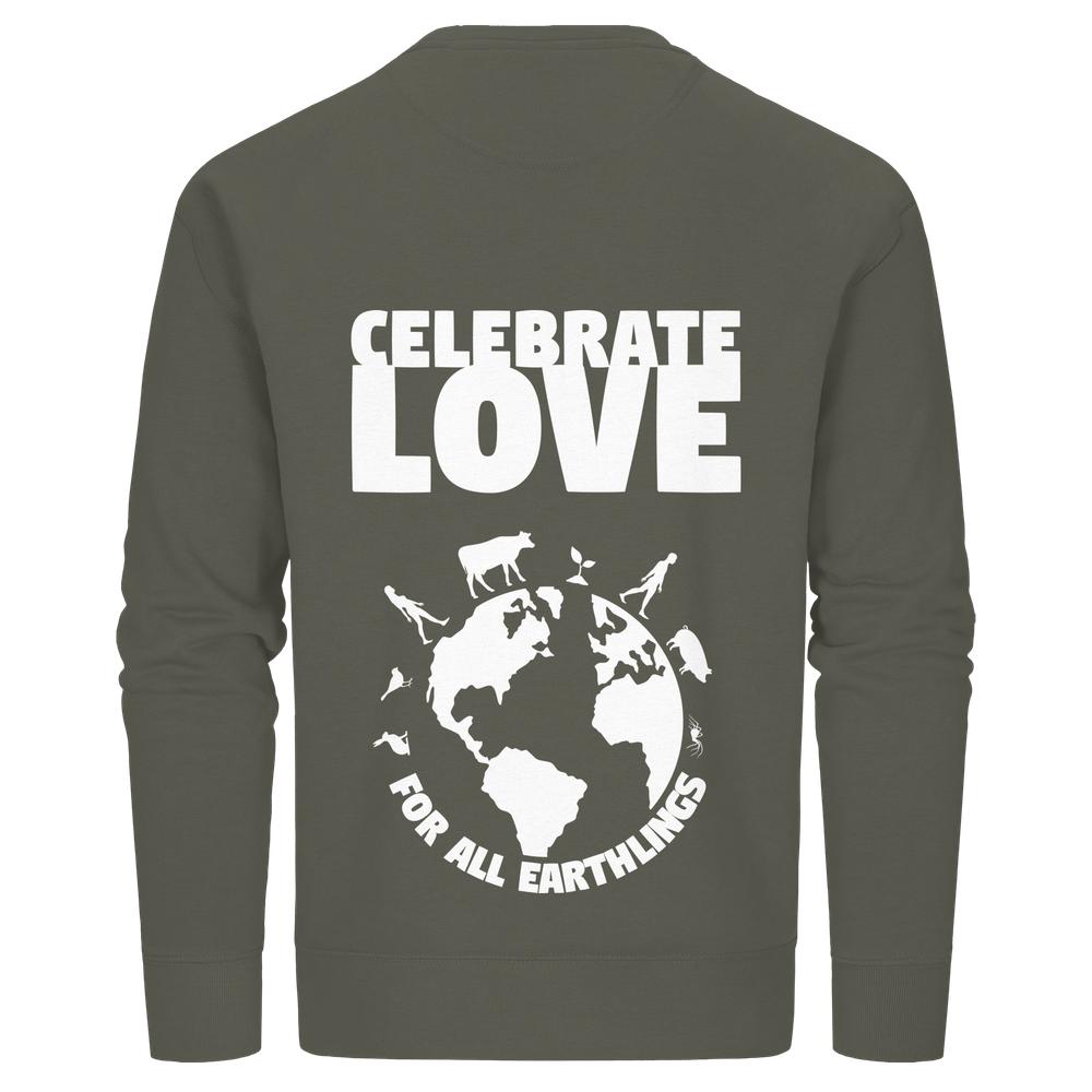 Rückansicht des Vegan und Bio Unisex Sweatshirts “Celebrate Love For All Earthlings”, zeigt Slogan, Globus und Erdling-Silhouetten, symbolisiert vegane und nachhaltige Werte.