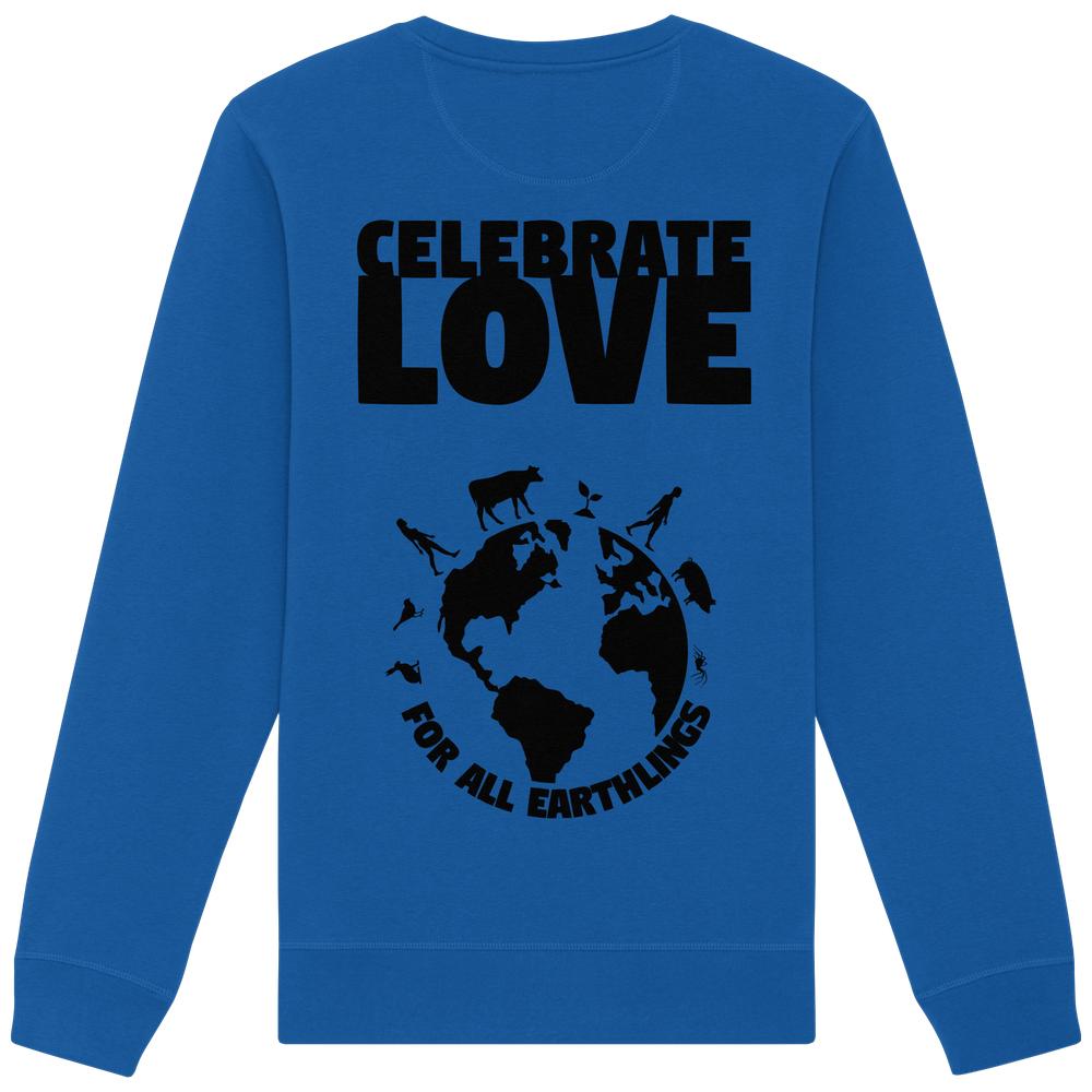 Vegan und Bio Unisex Sweatshirt: Celebrate Love For All Earthlings mit schwarzem Grafikprint, der Erde, Menschen, Tieren und Pflanzen zeigt. Zelebriert Veganismus und Nachhaltigkeit.