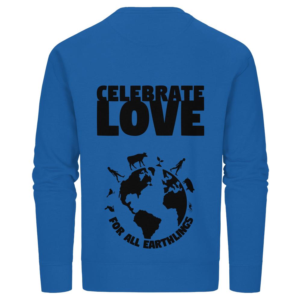 Rückseite des Vegan und Bio Unisex Sweatshirt: Celebrate Love For All Earthlings, mit schwarzem Print von CELEBRATE LOVE und einer Silhouette der Erde umgeben von Tieren.
