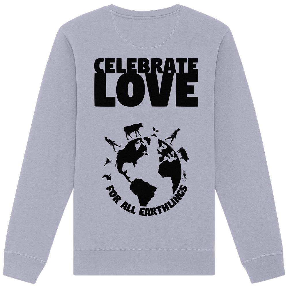 Vegan und Bio Unisex Sweatshirt: Celebrate Love For All Earthlings mit schwarzem Grafikdruck von Erde, Menschen, Tieren und Pflanze, symbolisiert universelle Liebe und Gleichheit.
