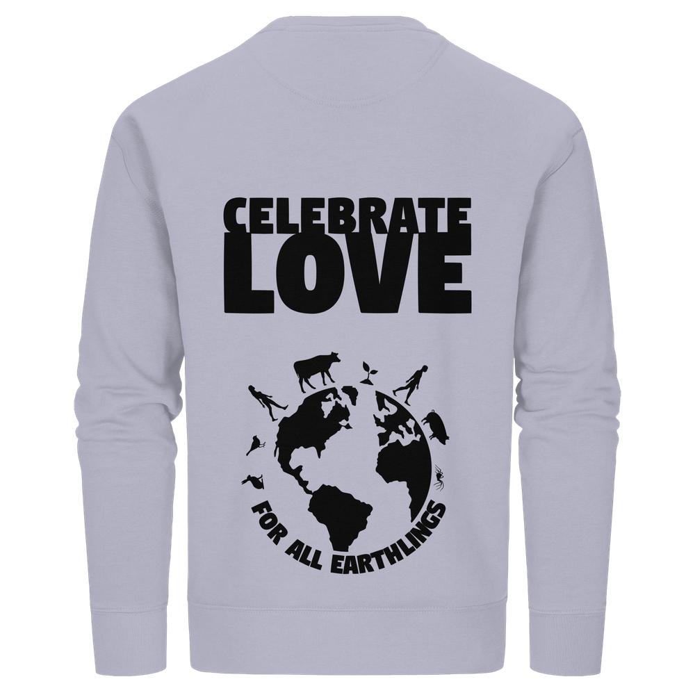Vegan und Bio Unisex Sweatshirt: Celebrate Love For All Earthlings, zeigt eine Botschaft der Liebe und Gleichheit, mit stilisiertem Globus und Silhouetten von Lebewesen.