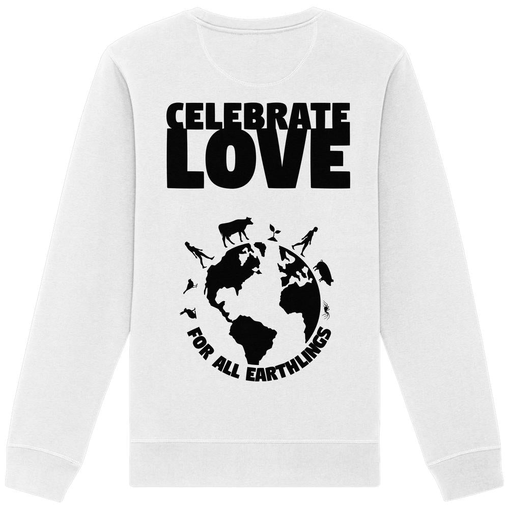 Vegan und Bio Unisex Sweatshirt: Celebrate Love For All Earthlings, mit schwarzem Grafikdruck von Erde und Erdlingen, fördert Veganismus und Gleichheit. Bio-Baumwolle, recyceltes Polyester.