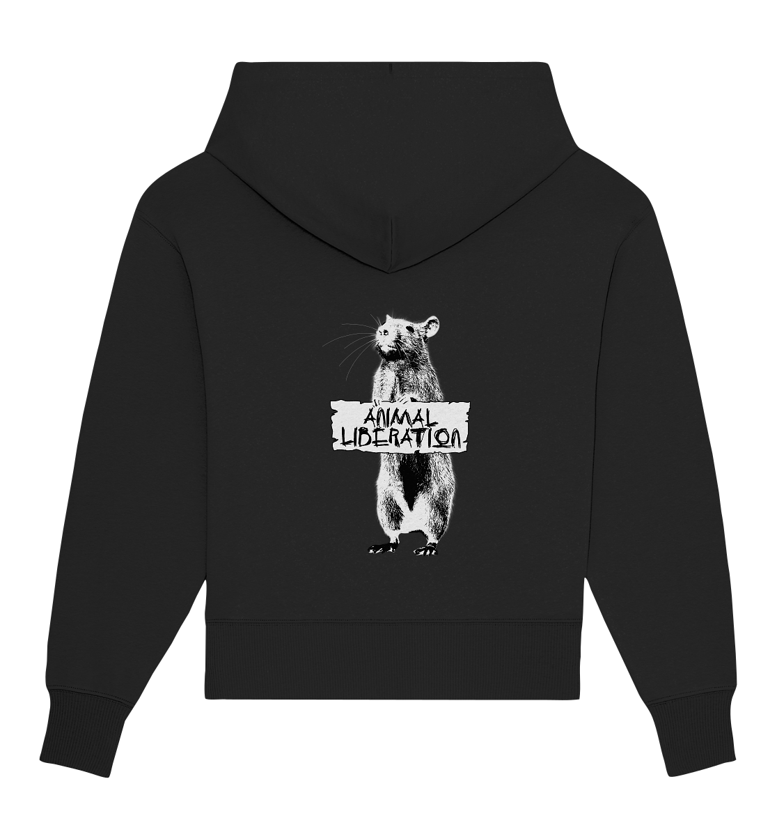 Vegan, Organic & Recycled Oversized Hoodie: Rat in Black and White - Animal Liberation (Ratte in schwarz weiß Pixellook hält Schild mit Schriftzug, Tierrechte) in schwarz