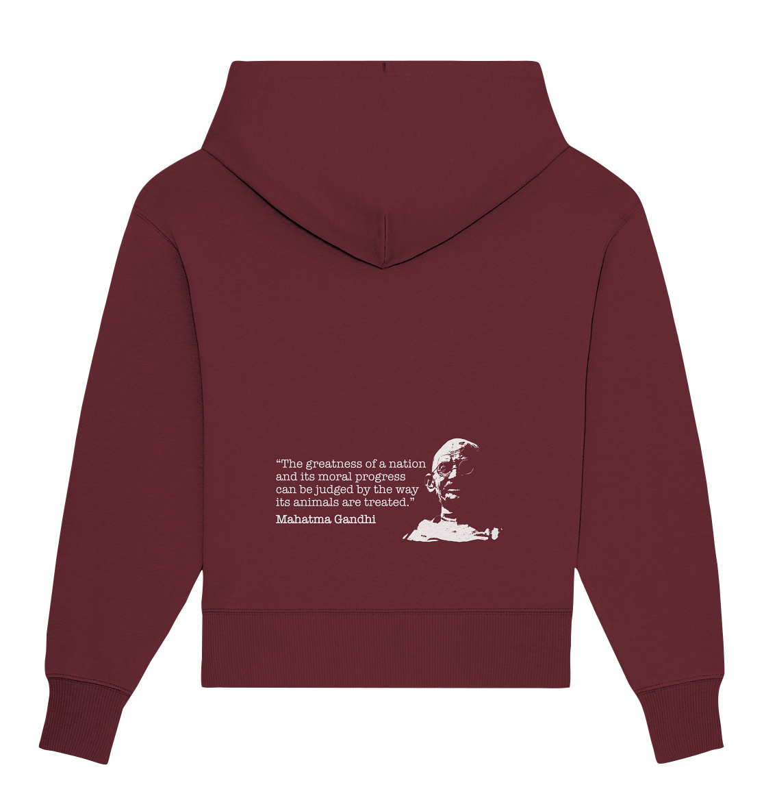 Vegan, Organic & Recycled Oversized Hoodie: Mahatma Gandhi - Vegan Quote (bedruckt mit Portrait von Gandhi in Schwarz Weiß und Zitat, Tierrechte, Tierschutz, Veganismus) in rot