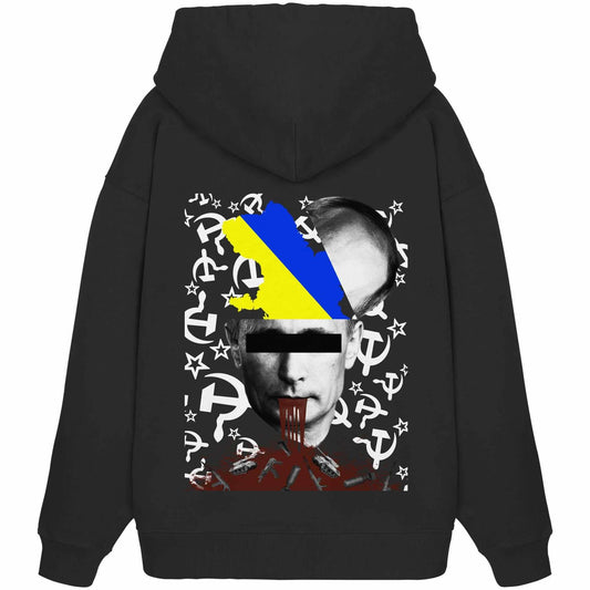 Vegan und Bio Oversized Hoodie: STOP WAR IN UKRAINE! mit Gesichtsgrafik, symbolisiert Widerstand gegen Kriege. Hergestellt aus 100% Bio-Baumwolle, oversized Schnitt.