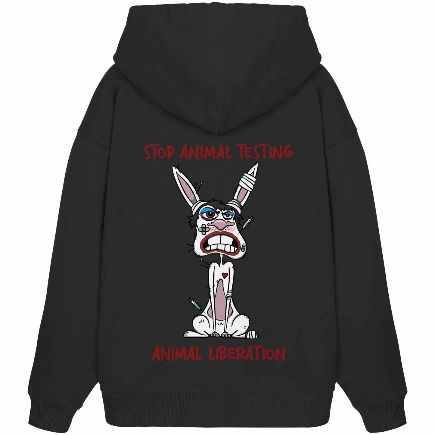 Vegan und Bio Oversized Hoodie mit Cartoon-Hase und „STOP ANIMAL TESTING!“ Aufdruck, aus 100% Bio-Baumwolle, thematisiert Tierrechtsbewusstsein.