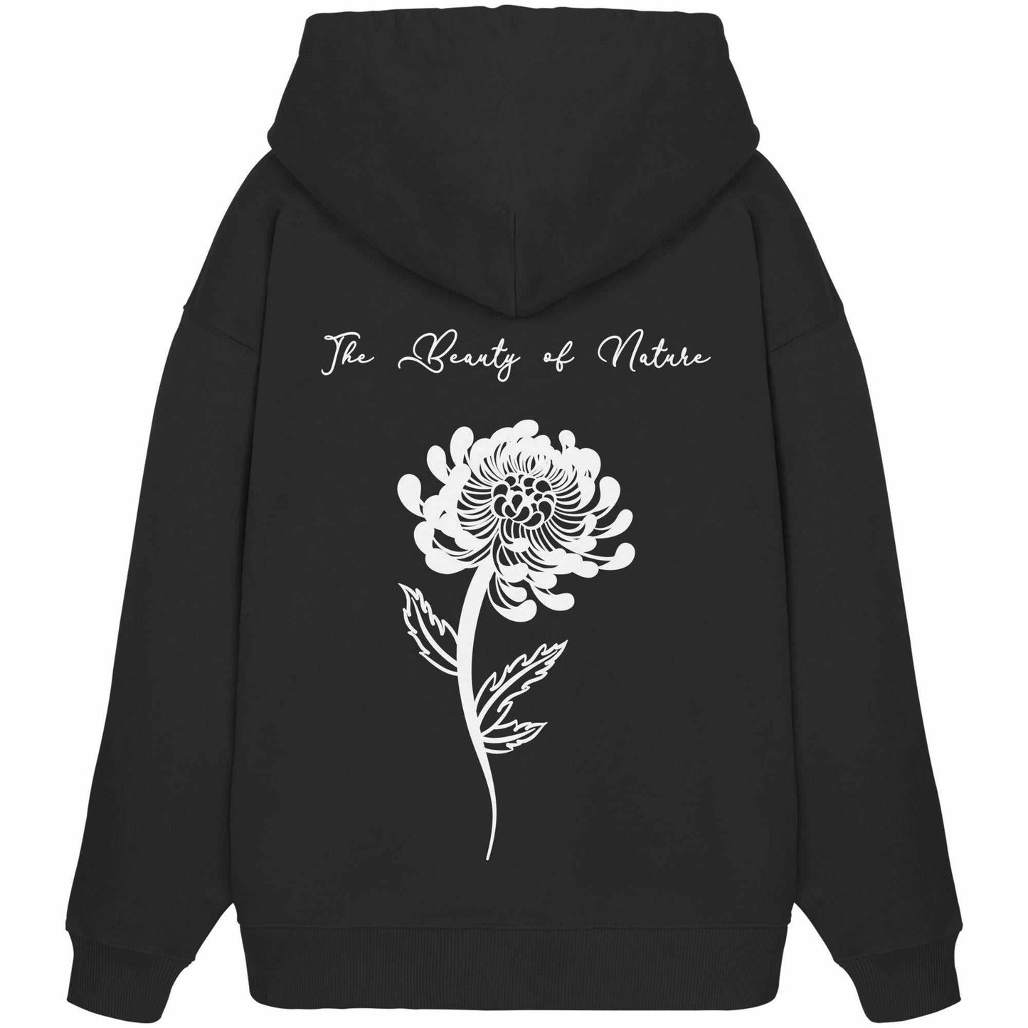 Vegan und Bio Oversized Hoodie Chrysantheme mit weißer Blume, aus 100% Bio-Baumwolle, oversized Schnitt, mit Kapuze und Kängurutasche, von RUDE REBEL.