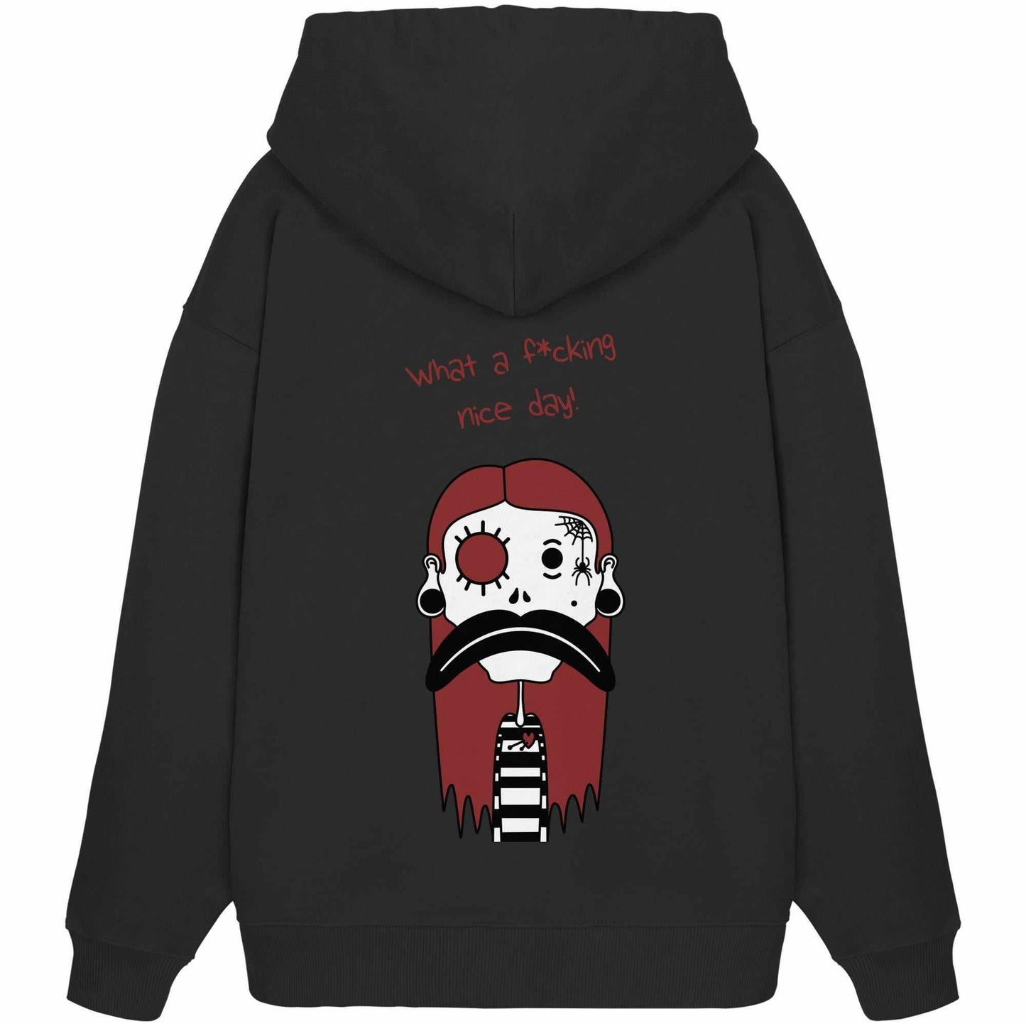 Vegan und Bio Oversized Hoodie: Mental health – Bad Day, mit Cartoon-Charakter und Kängurutasche, aus 100% Bio-Baumwolle, rebellisches Design von RUDE REBEL.