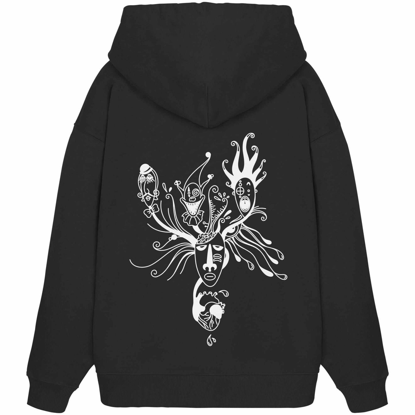 Vegan und Bio Oversized Hoodie: Mental Health - Behind the Mask mit weißem Gesichtsmotiv, thematisiert persönliche Facetten. Hergestellt aus 100% Bio-Baumwolle.