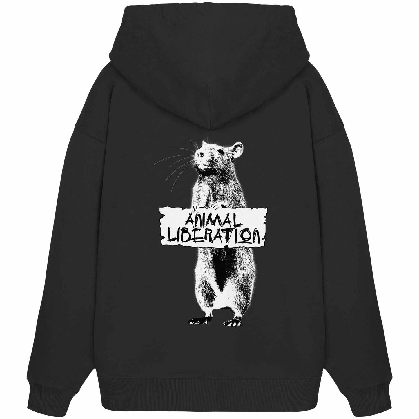 Vegan und Bio Oversized Hoodie: Rat for Animal Liberation mit schwarzem Bärenmotiv, inspiriert von Banksy's Street Art, aus 100% Bio-Baumwolle.