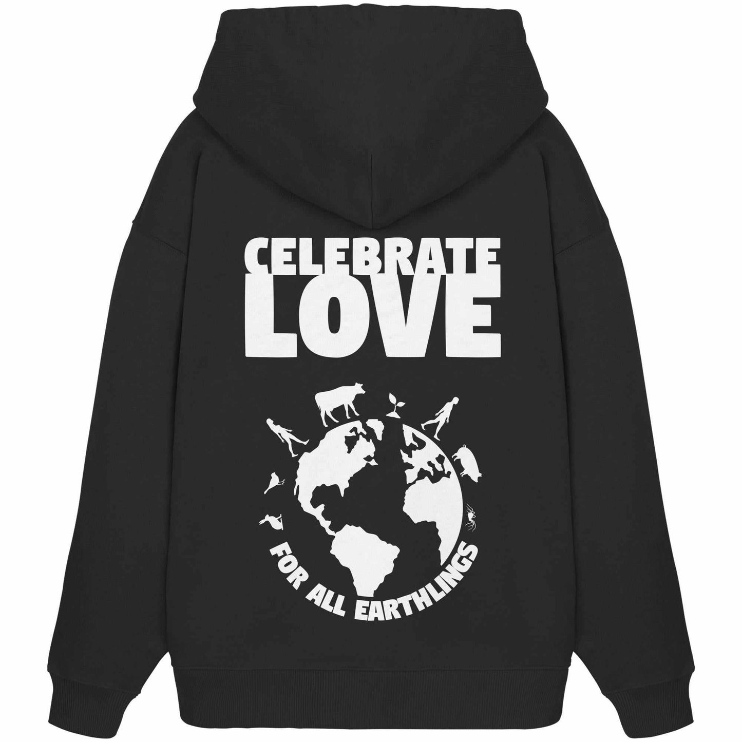 Vegan und Bio Oversized Hoodie mit weißem Aufdruck, der Veganismus und Gleichheit feiert. Hergestellt aus 100% Bio-Baumwolle mit Kängurutasche und Kapuze.