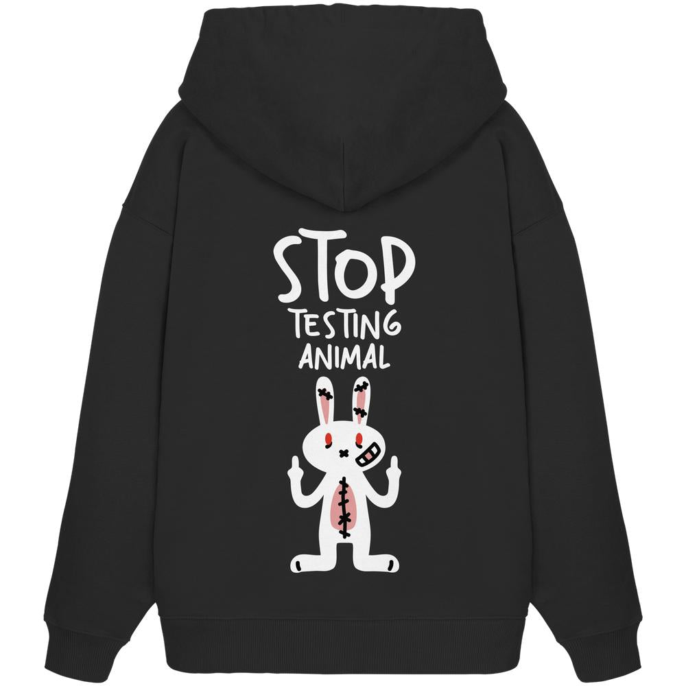 Vegan und Bio Oversized Hoodie mit wütendem Cartoon-Häschen, das Tierrechte fordert. Hergestellt aus 100% Bio-Baumwolle, ideal für tierfreundliche Rebellen.