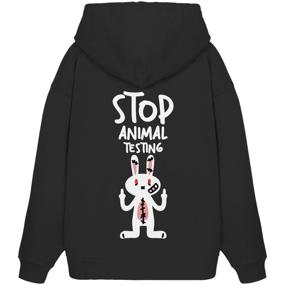 Schwarzer Oversize-Hoodie mit Kapuze und Aufdruck „STOP ANIMAL TESTING“ mit Kaninchen