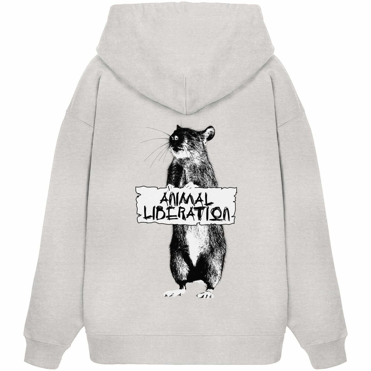 Vegan und Bio Oversized Hoodie: Rat for Animal Liberation, grauer Kapuzenpullover mit digitaler Tier-Collage im Banksy-Stil, Kängurutasche, 100% Bio-Baumwolle.