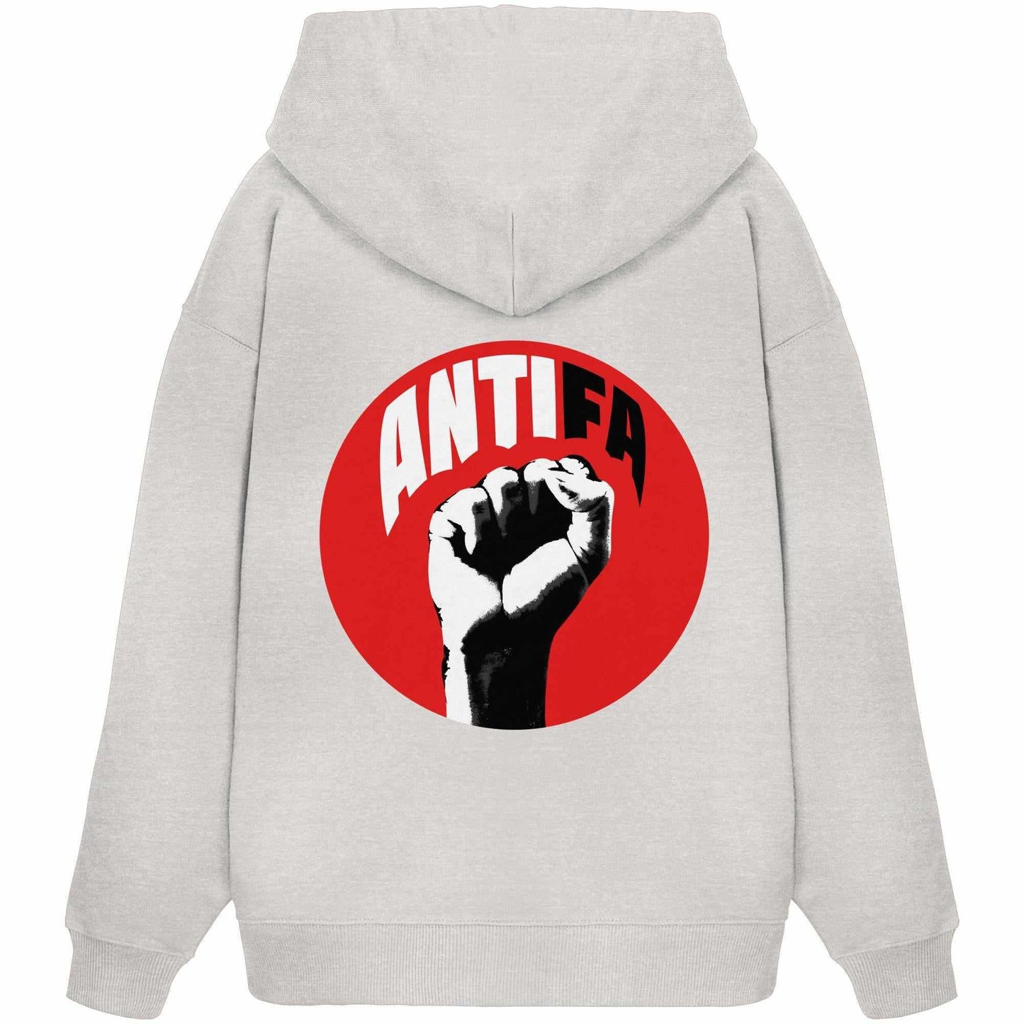 Vegan und Bio Oversized Hoodie: Antifa - Kampf gegen Rechts, weißer Hoodie mit rotem Kreis und erhobener Faust-Logo, aus Bio-Baumwolle, rebellisches Design.