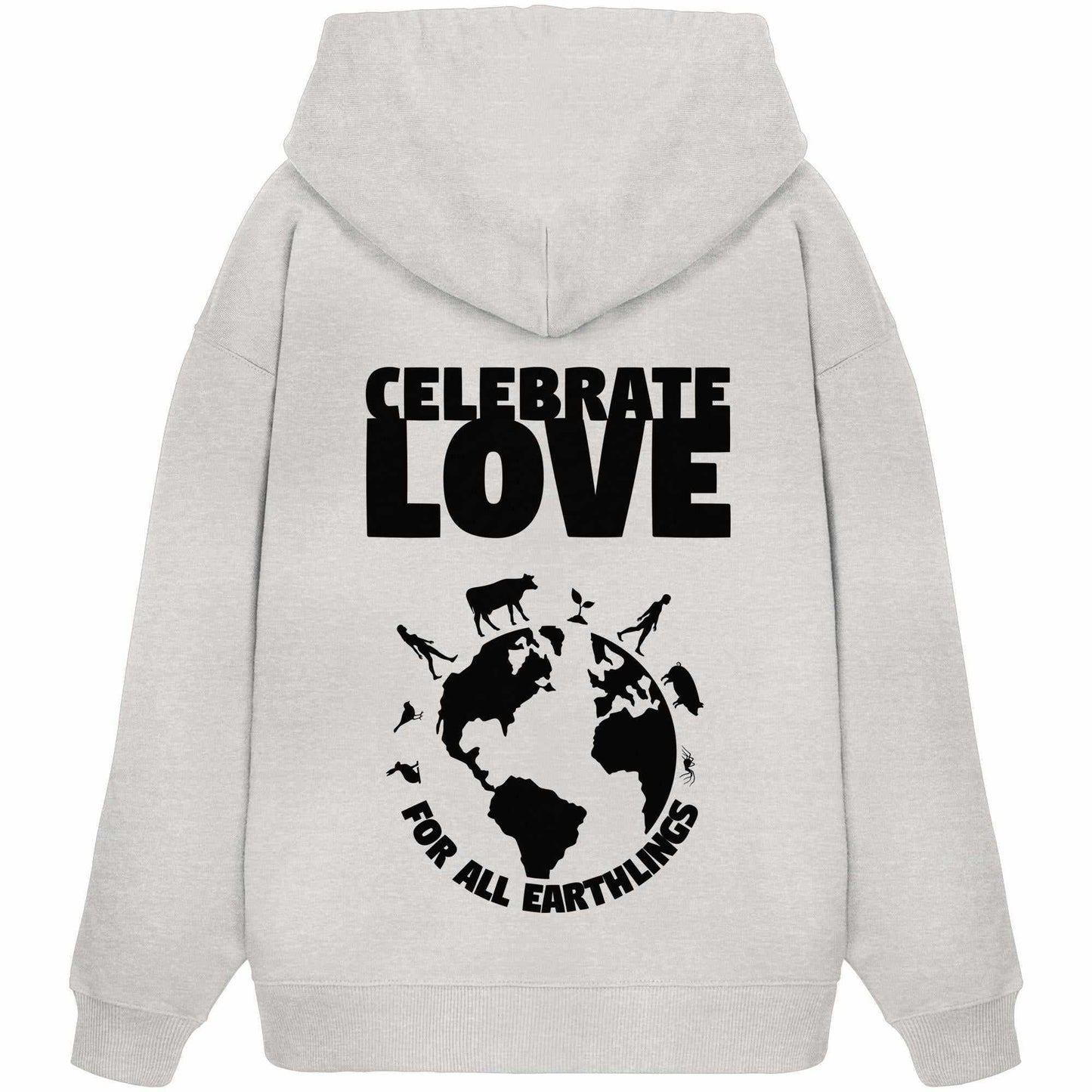 Vegan und Bio Oversized Hoodie mit schwarz-weißer Grafik von Tieren auf einem Globus, feiert Liebe zu allen Erdlingen. Hergestellt aus 100% Bio-Baumwolle.