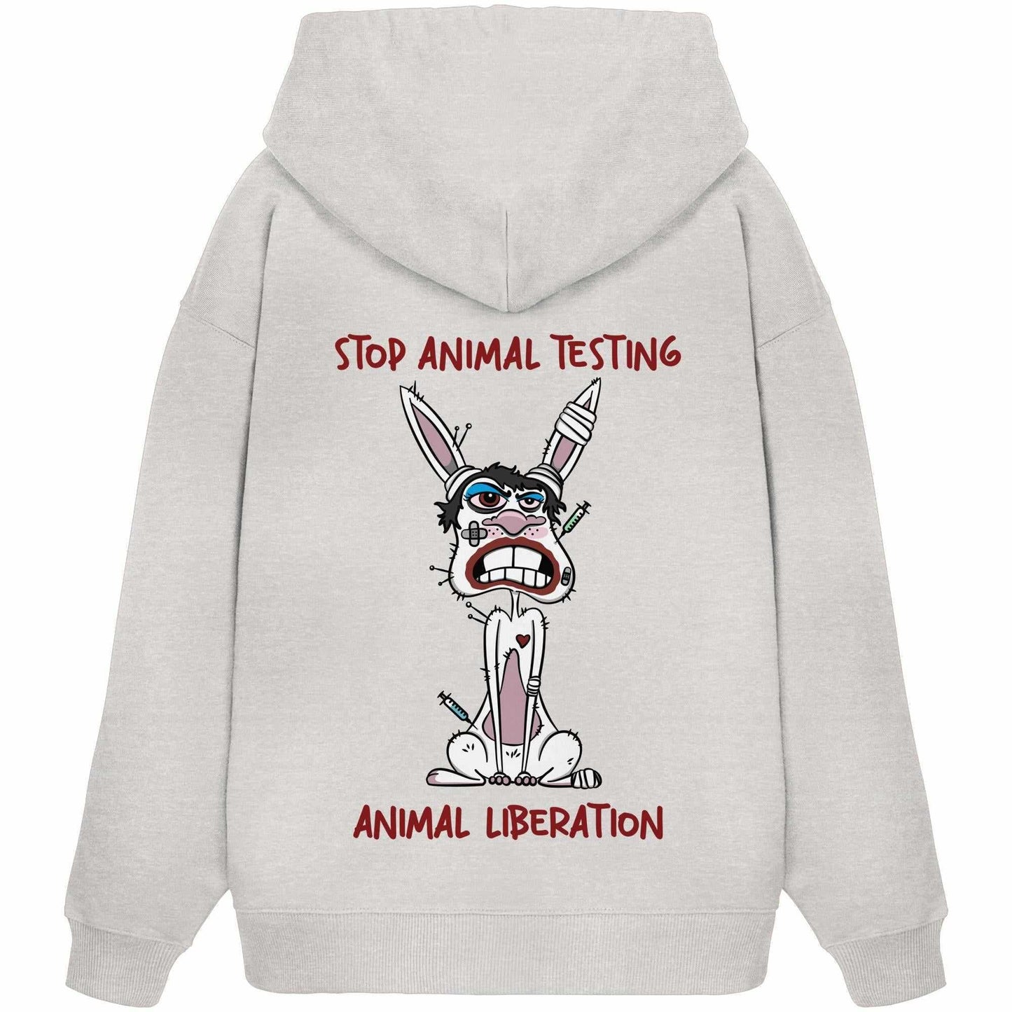 Weißer Bio-Hoodie mit Cartoon-Hase und STOP ANIMAL TESTING!-Design, setzt Statement gegen Tierversuche. Veganer Oversize-Schnitt, ideal für nachhaltige Mode von RUDE REBEL.