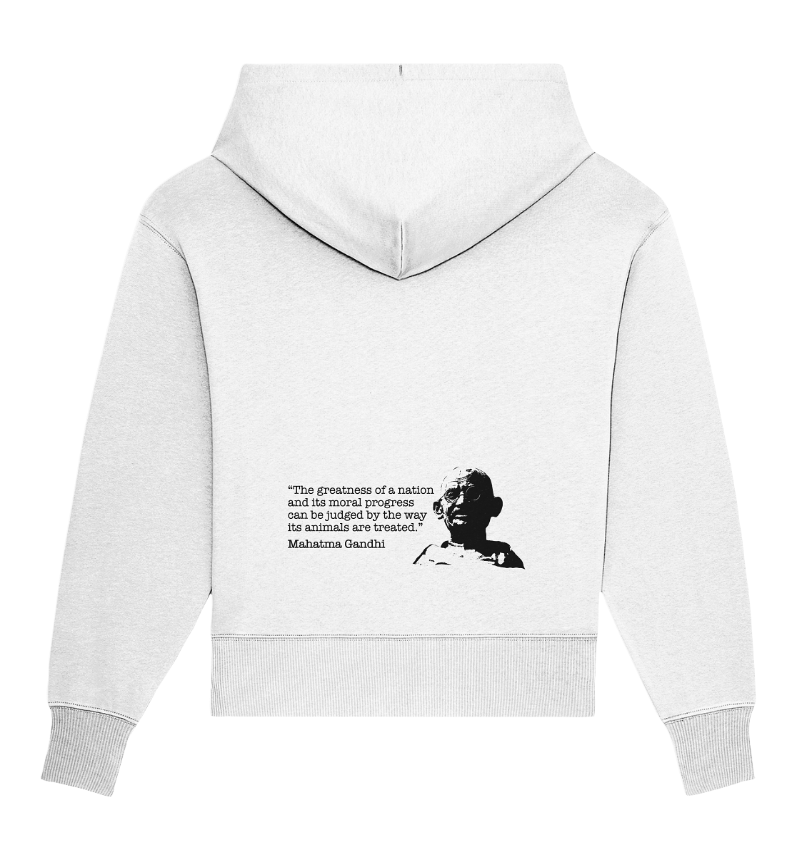 Vegan, Organic & Recycled Oversized Hoodie: Mahatma Gandhi - Vegan Quote (bedruckt mit Portrait von Gandhi in Schwarz Weiß und Zitat, Tierrechte, Tierschutz, Veganismus) in weiß