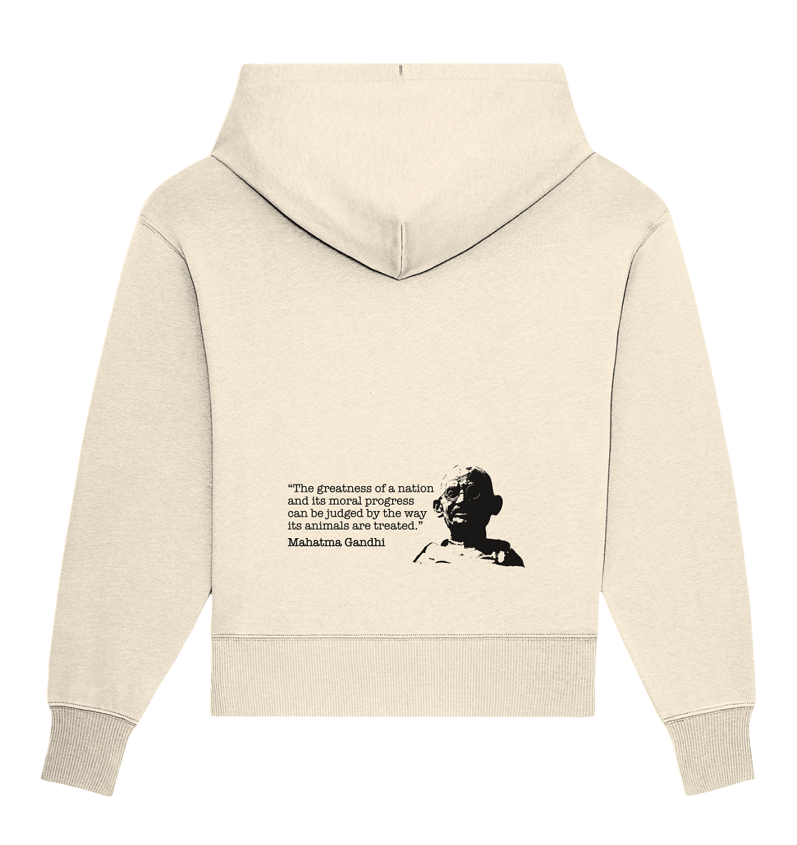 Vegan, Organic & Recycled Oversized Hoodie: Mahatma Gandhi - Vegan Quote (bedruckt mit Portrait von Gandhi in Schwarz Weiß und Zitat, Tierrechte, Tierschutz, Veganismus) in beige