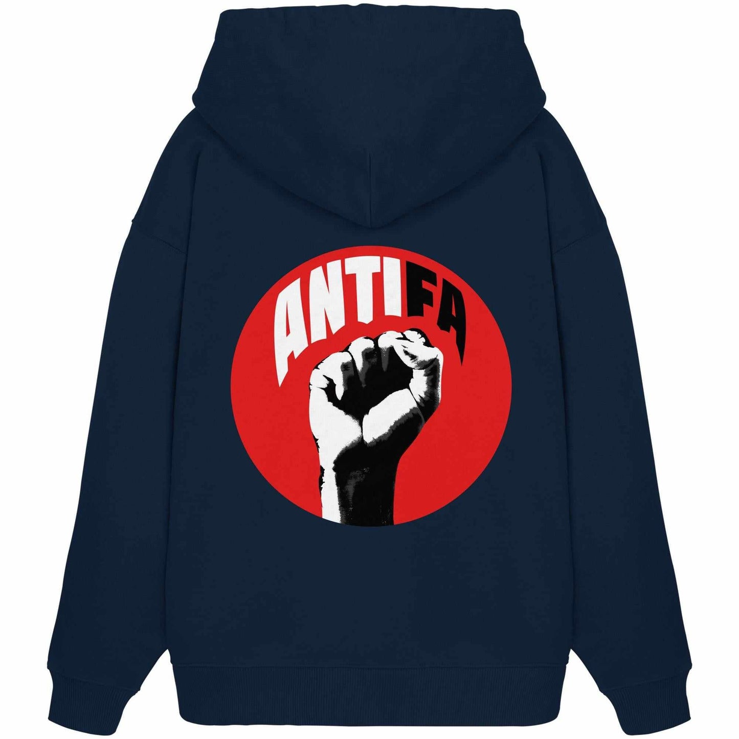 Vegan und Bio Oversized Hoodie: Antifa - Kampf gegen Rechts, mit rotem Kreis und erhobener Faust-Logo, aus 100% Bio-Baumwolle, oversized und fair hergestellt.