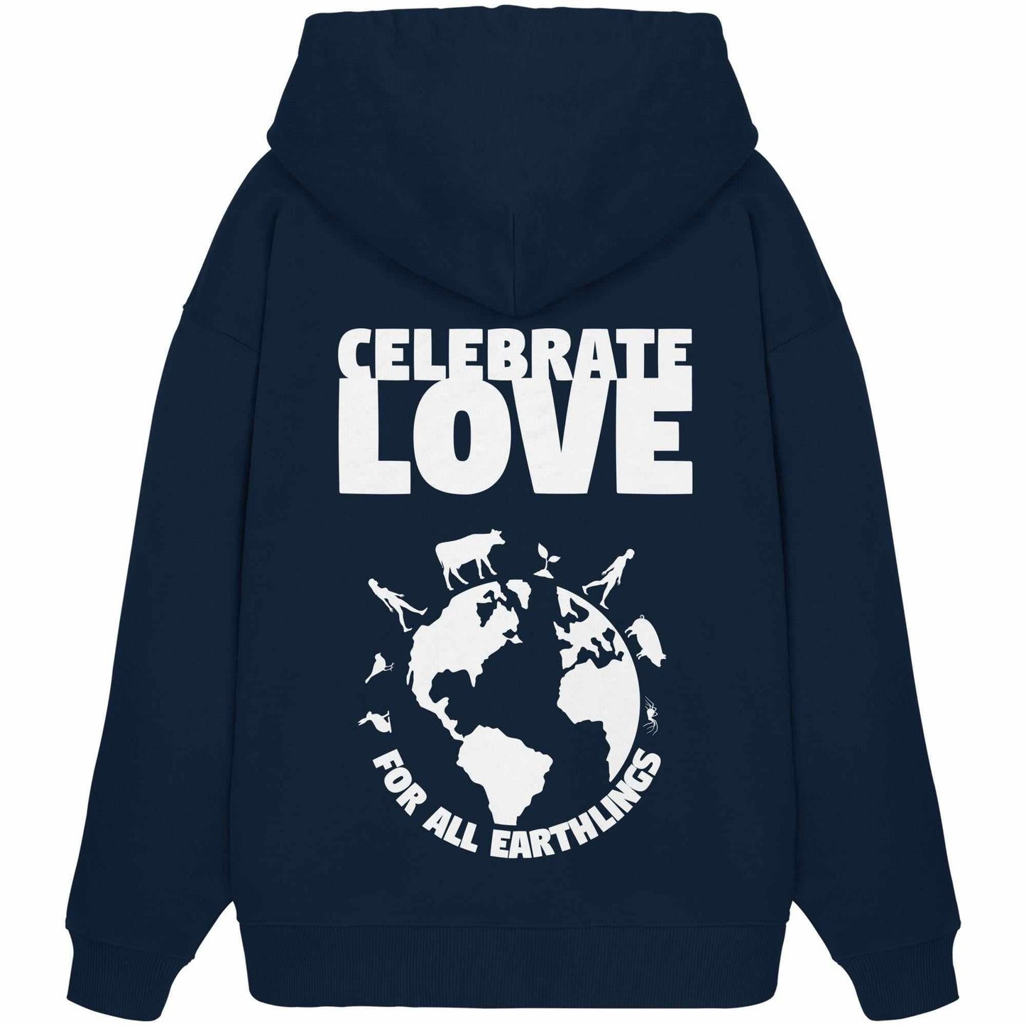 Vegan und Bio Oversized Hoodie mit weißem Text und Erdsymbol, feiert Veganismus und Gleichheit, hergestellt aus 100% Bio-Baumwolle.