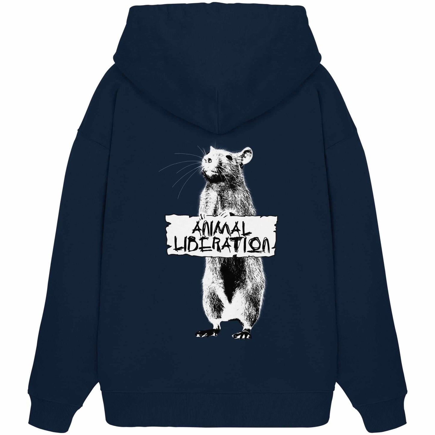 Vegan und Bio Oversized Hoodie: Rat for Animal Liberation, blauer Kapuzenpullover mit Bärenmotiv, aus 100% Bio-Baumwolle, inspiriert von Banksy's Street Art.