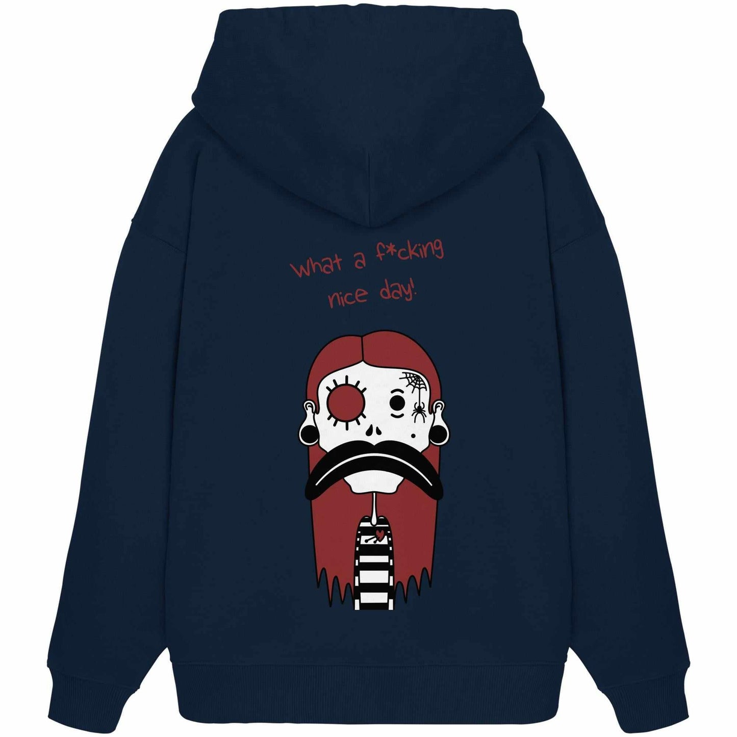 Vegan und Bio Oversized Hoodie: Mental health – Bad Day, mit Cartoon-Charakter, aus 100% Bio-Baumwolle, Kängurutasche, übergroßer Schnitt, Kapuze, designed von RUDE REBEL.