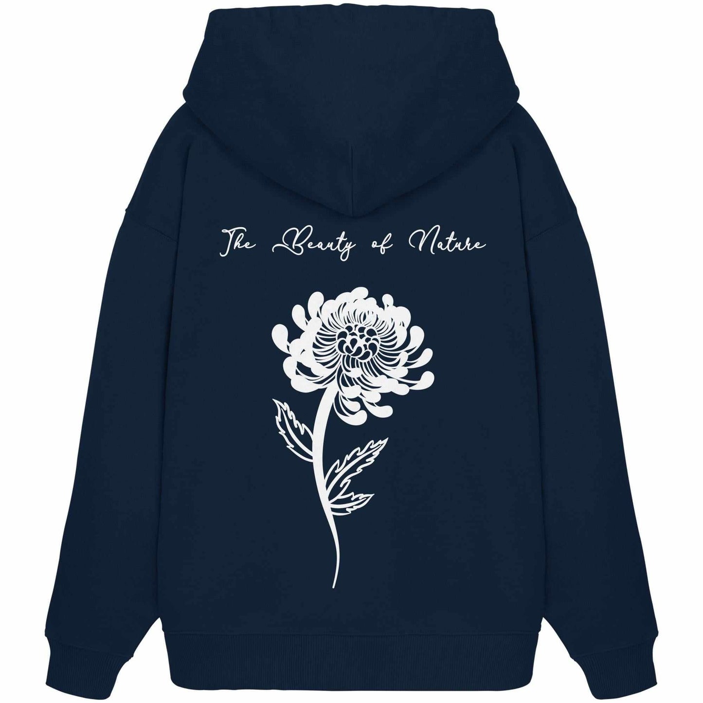 Vegan und Bio Oversized Hoodie: Chrysantheme - The Beauty of Nature, ein blauer Hoodie mit weißem Blumenmotiv, aus 100% Bio-Baumwolle, ideal für Naturschutzliebhaber.