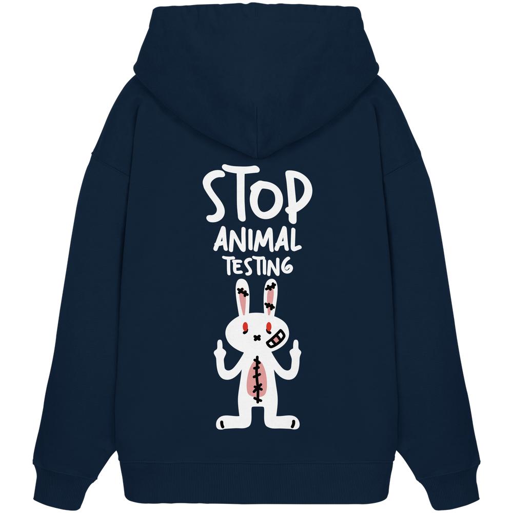 Dunkelblauer Oversize-Hoodie mit Kapuze und Aufdruck „STOP ANIMAL TESTING“ mit Kaninchen