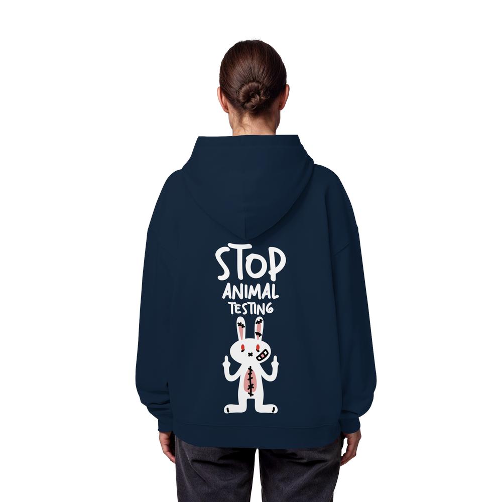 Dunkelblauer Oversize-Hoodie mit Kapuze und Rückseitenaufdruck „STOP ANIMAL TESTING“