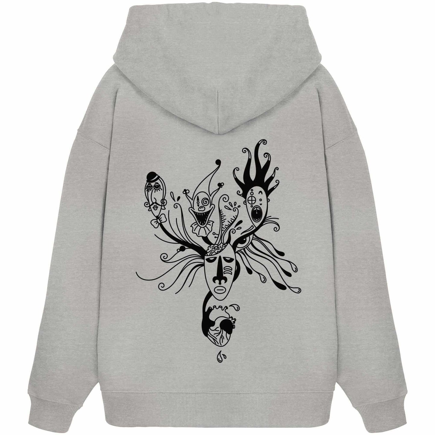 Vegan und Bio Oversized Hoodie: Mental Health - Behind the Mask, grauer Hoodie mit Gesichtsgrafik, thematisiert individuelle Facetten, aus 100% Bio-Baumwolle, rebellisches Design von RUDE REBEL.