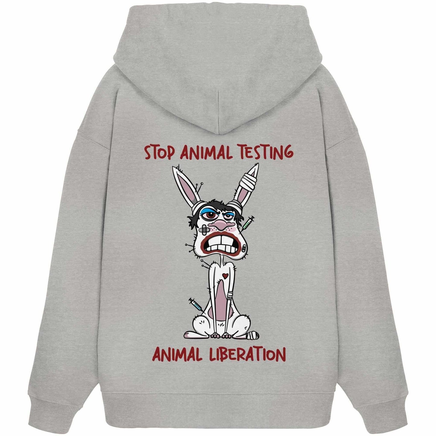 Vegan und Bio Oversized Hoodie mit Cartoon-Hase und Stop Animal Testing-Motiv, betont Tierschutz; 100% Biobaumwolle, Kängurutasche, rebellisches Design von RUDE REBEL.