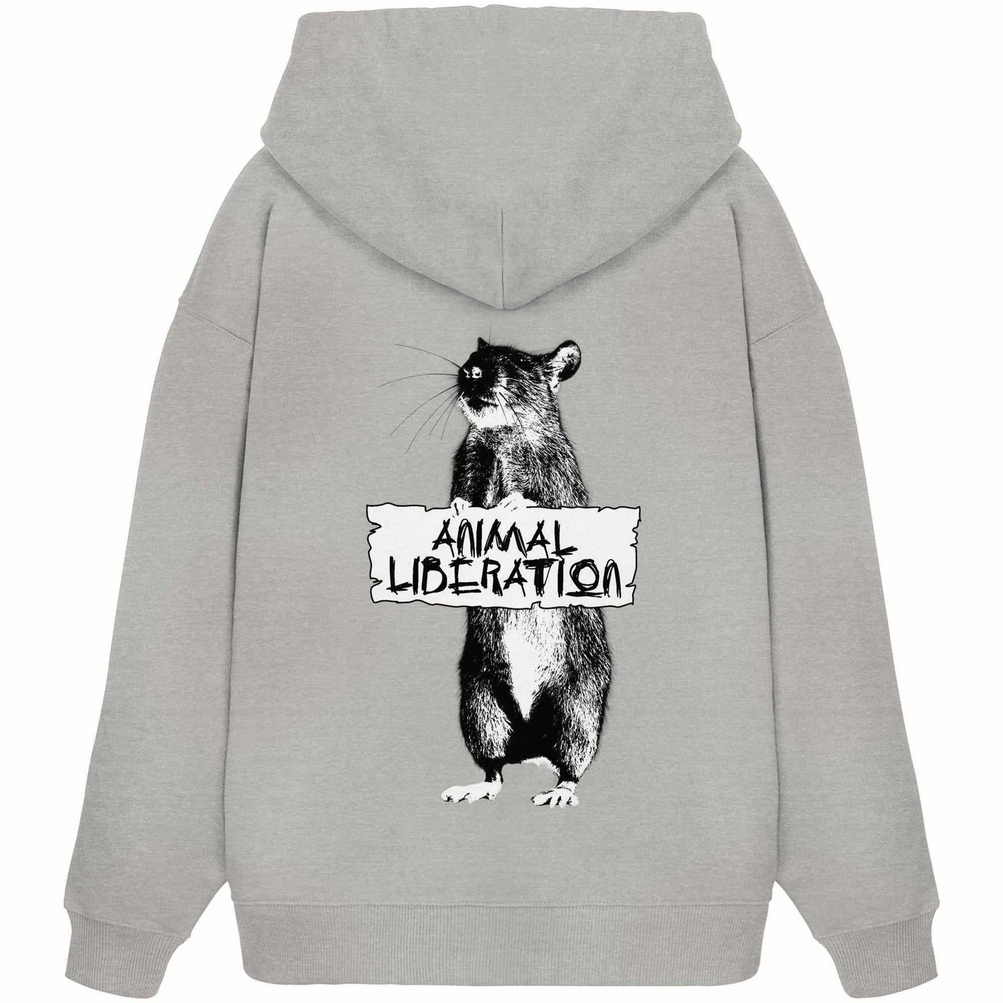 Vegan und Bio Oversized Hoodie: Rat for Animal Liberation, grauer Hoodie mit Tiermotiv im Street-Art-Stil, Kängurutasche, aus 100% Bio-Baumwolle.