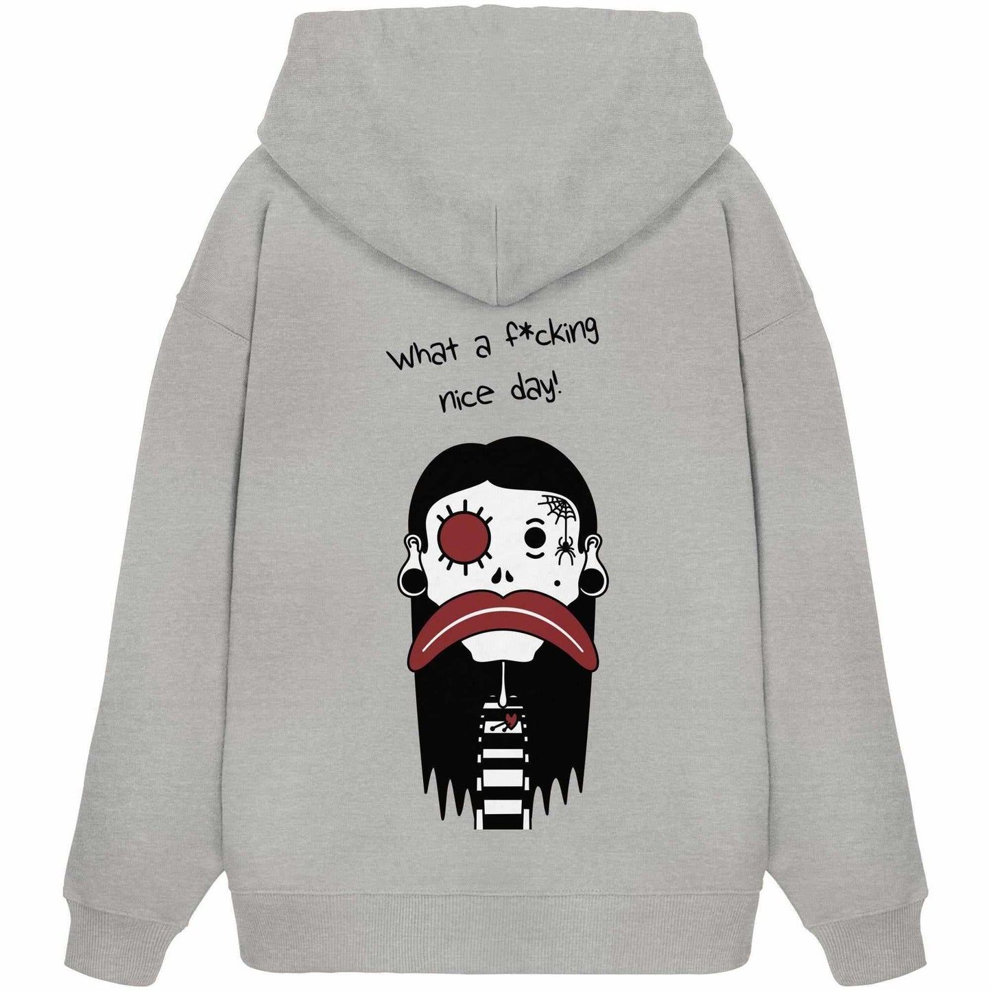 Vegan und Bio Oversized Hoodie: Mental health – Bad Day, grau mit Cartoon-Figur. Kapuze, Kängurutasche, aus 100% Bio-Baumwolle, rebellisches Design. Ideal für nachhaltigen Lifestyle.