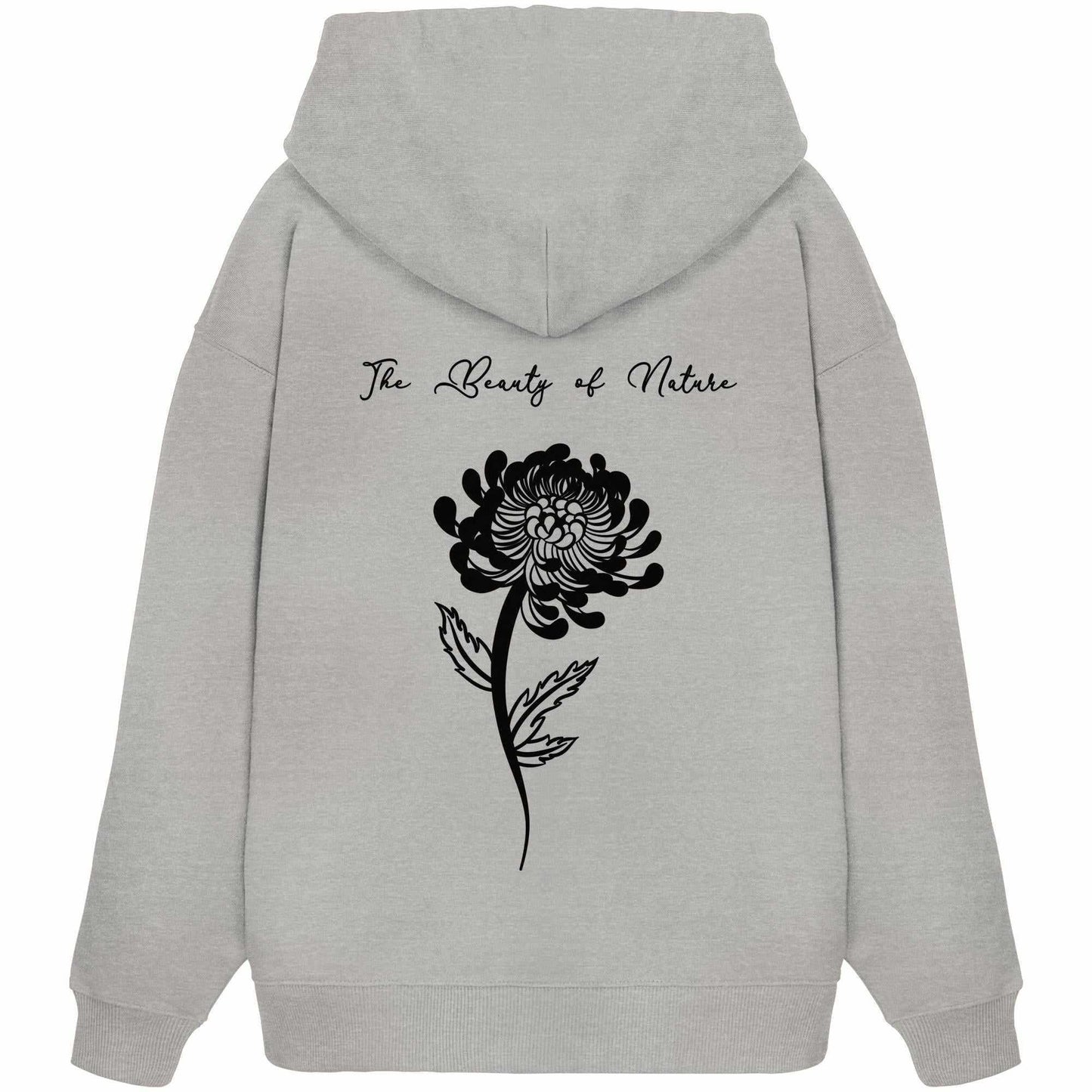 Vegan und Bio Oversized Hoodie mit Chrysanthemenmotiv, ideal für Naturschutzfans, aus 100% Bio-Baumwolle, oversized Schnitt, Kängurutasche, von RUDE REBEL.