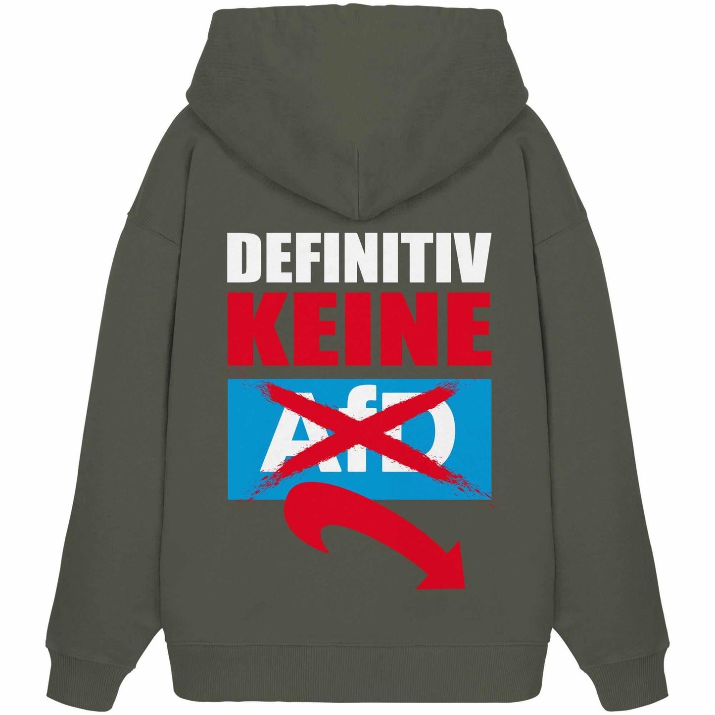 Vegan und Bio Oversized Hoodie mit „Gegen Rechts - Definitiv KEINE Alternative für Deutschland!“ Schriftzug, graues Design, Kapuze und Kängurutasche, aus 100% Bio-Baumwolle.