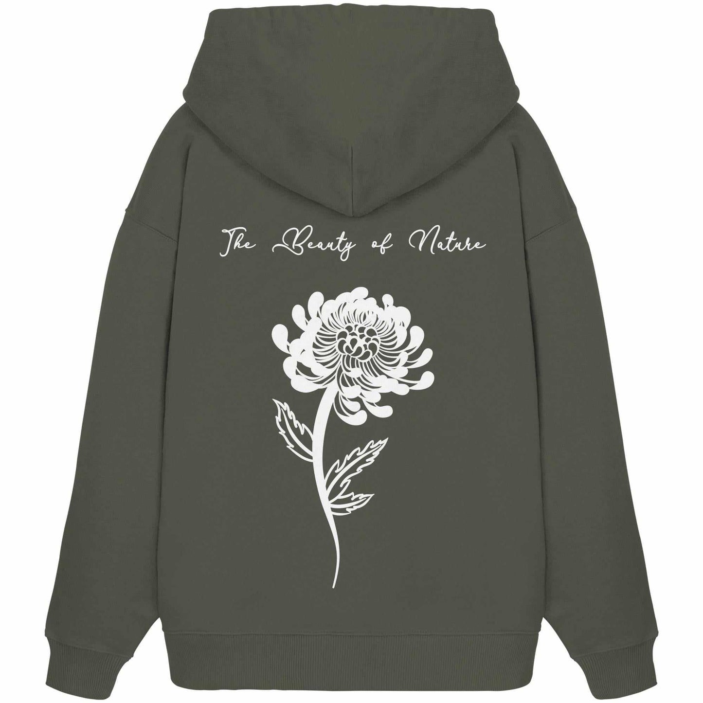 Vegan und Bio Oversized Hoodie: Chrysantheme, grauer Hoodie mit Blumenmotiv, aus 100% Bio-Baumwolle, oversized Schnitt, Kapuze, Kängurutasche.