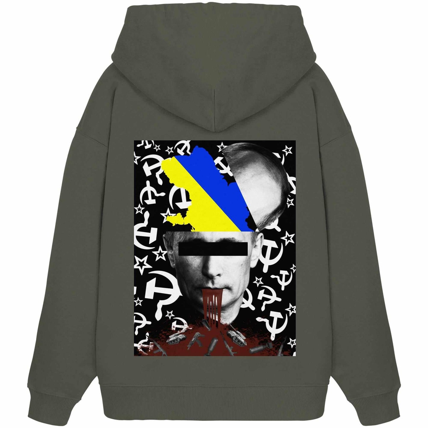 Vegan und Bio Oversized Hoodie: STOP WAR IN UKRAINE! mit Gesichtsgrafik und blutiger Darstellung, symbolisiert den Protest gegen Kriege. Hergestellt aus 100% Bio-Baumwolle.