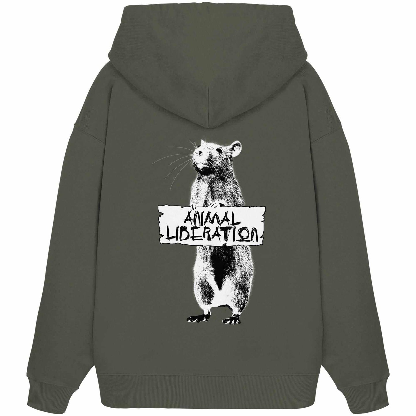 Vegan und Bio Oversized Hoodie: Rat for Animal Liberation zeigt eine digitale Collage im Banksy-Stil mit Tiermotiven auf grauem Sweatshirt, Kapuze und Kängurutasche.