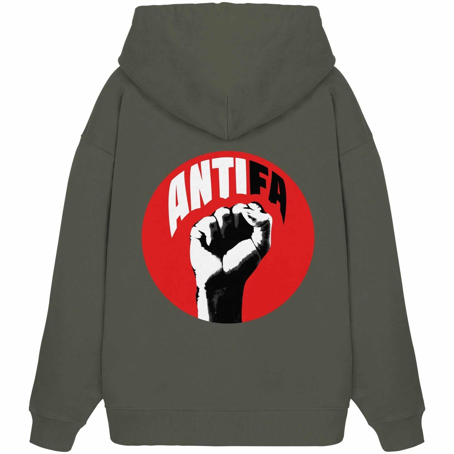 Vegan und Bio Oversized Hoodie mit rotem Kreis und erhobener Faust, symbolisiert antifaschistischen Kampf; hergestellt aus 100% Bio-Baumwolle.