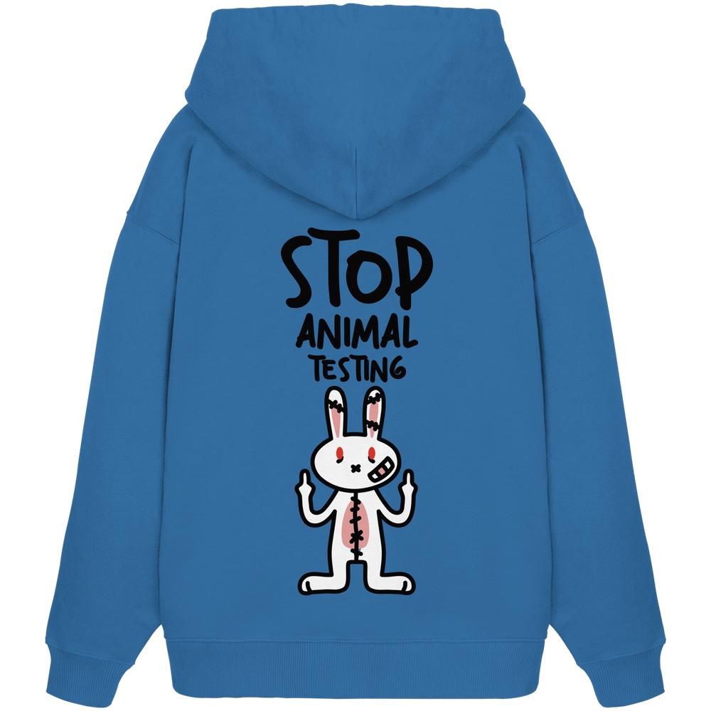 Blauer Oversize-Hoodie mit Kapuze und Aufdruck „STOP ANIMAL TESTING“ mit Kaninchen