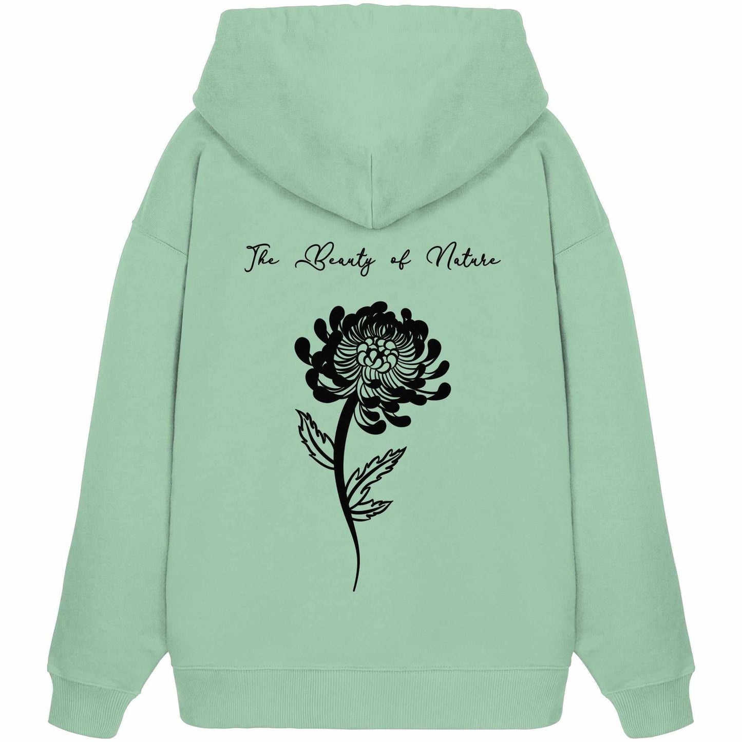 Vegan und Bio Oversized Hoodie Chrysantheme - The Beauty of Nature mit schwarzem Blumenmuster, aus 100% Bio-Baumwolle, ideal für Naturschützer.